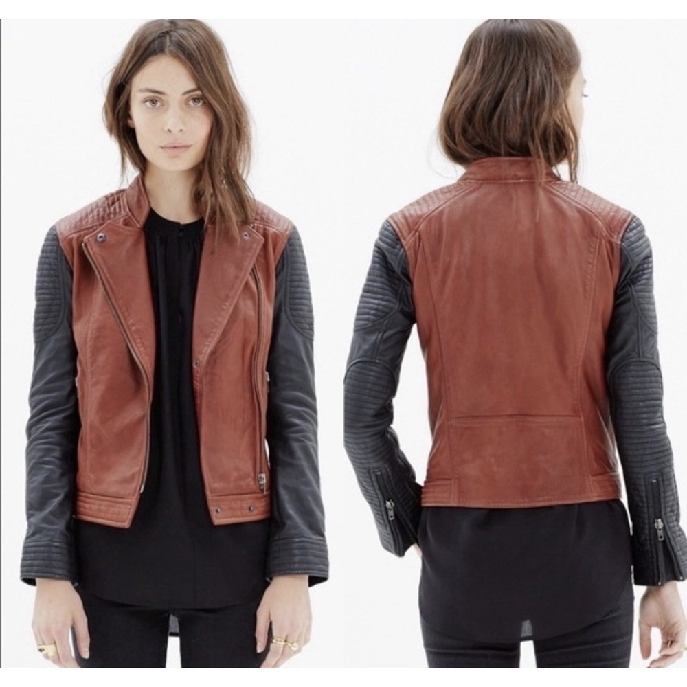 Madewell Black‎ Brown Colorblock Quilted Backroad Moto Leather Jacket Small S